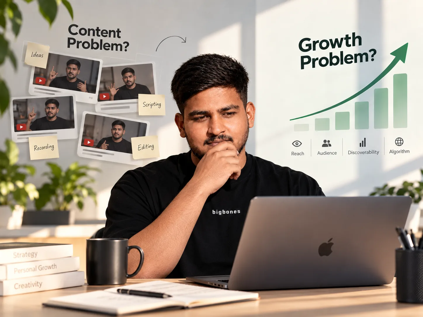 A creator at a laptop. Behind him on the left, video thumbnails and sticky notes labelled ideas, scripting, recording and editing under the question "Content problem?"; on the right, a rising bar chart under "Growth problem?" with reach, audience, discoverability and algorithm beneath it.